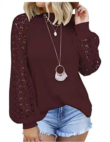 Women's Round Neck Lace Stitching Loose Long Blouses