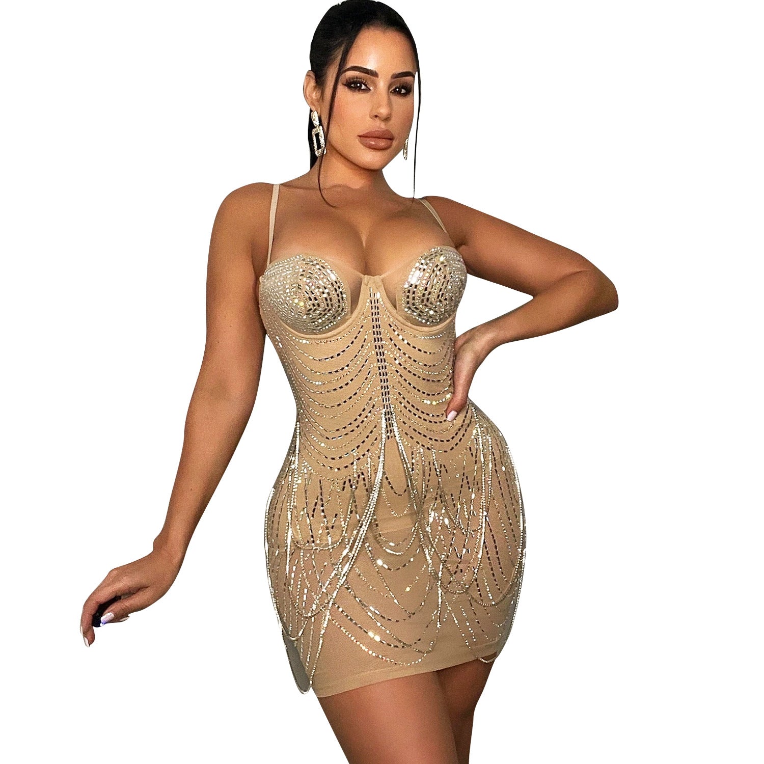 Women's Fashion Nightclub Sexy Mesh Rhinestone Tassel Dresses