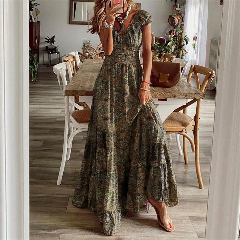 Bohemian V-neck Tight Waist Floral Large Dresses