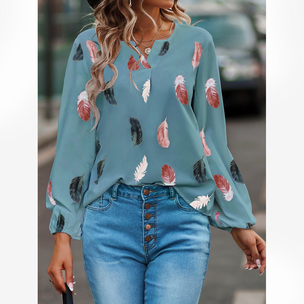 Women's V-neck Feather Print Long-sleeved Loose Blouses