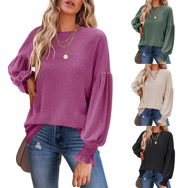 Women's Round Neck Pleated Lantern Sleeve Long Blouses