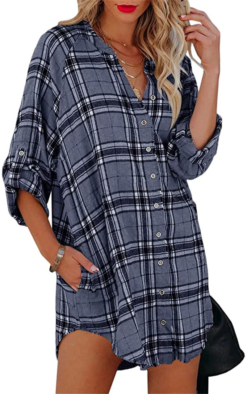 Women's Shirt Plaid Printed V-neck Long Sleeve Blouses