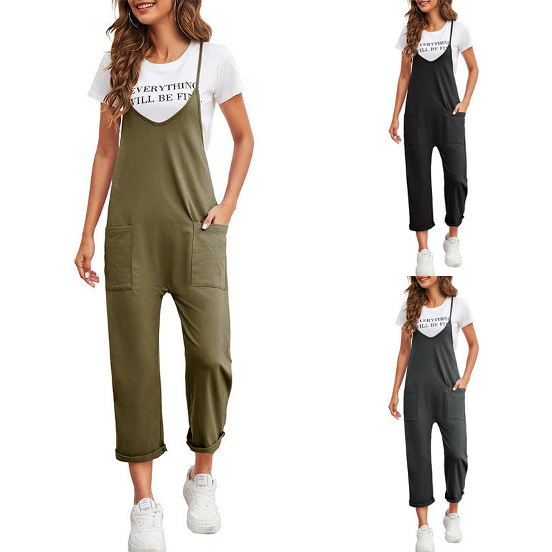 Women's Spring Pocket Trousers Solid Color Loose Pants