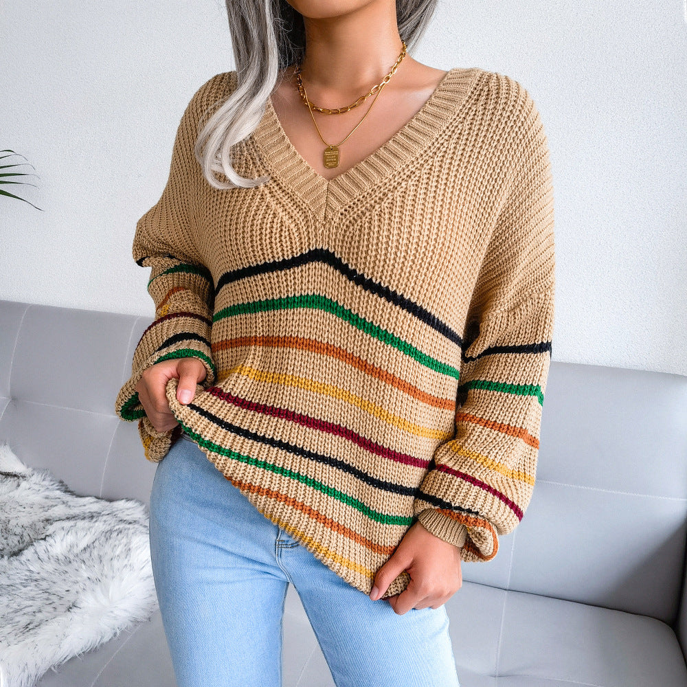 Women's Fashion Wind Rainbow Striped Loose Sweaters