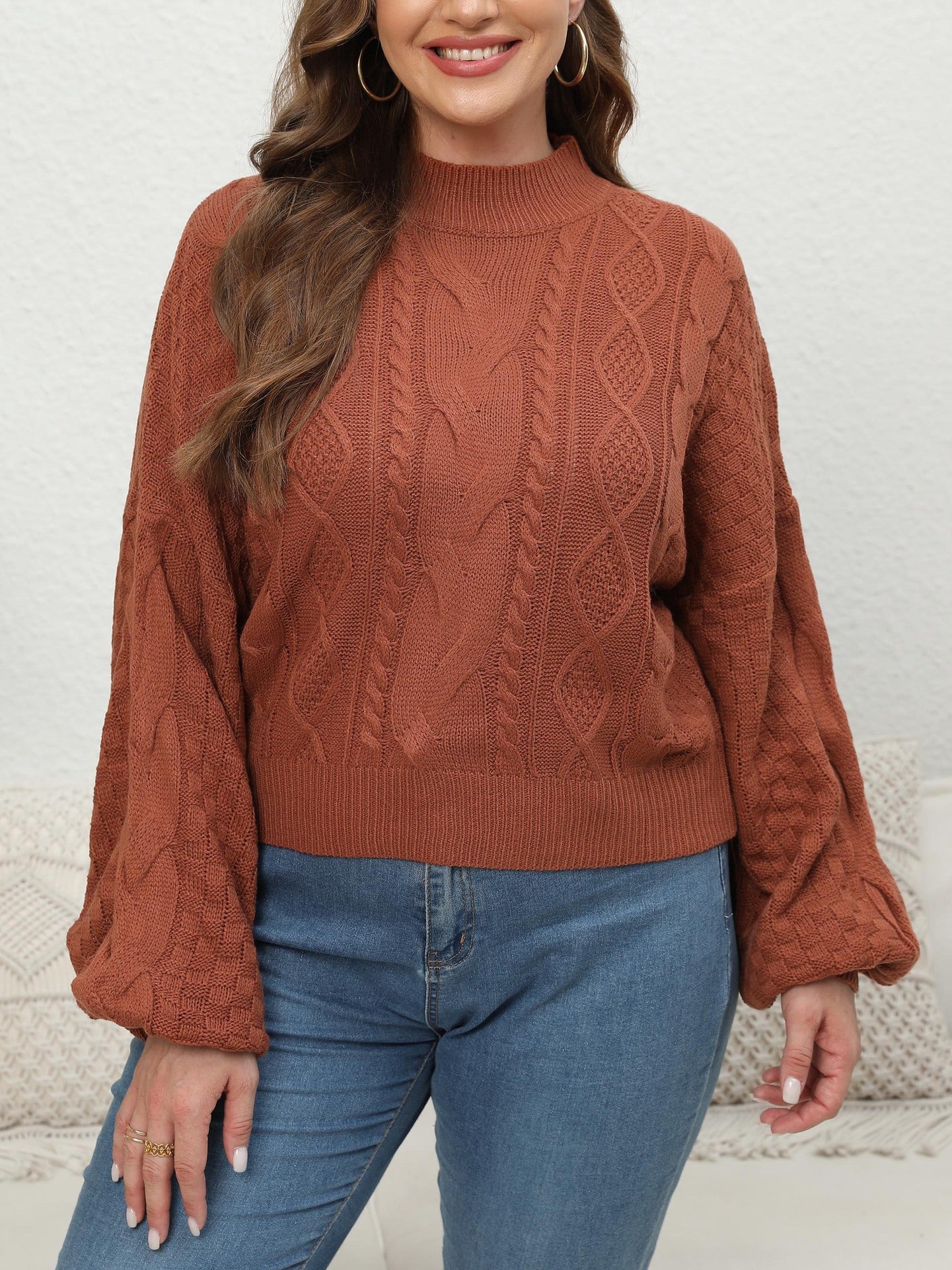 Gewebte Pullover mit halbem Rollkragen und Laternenärmeln für Damen