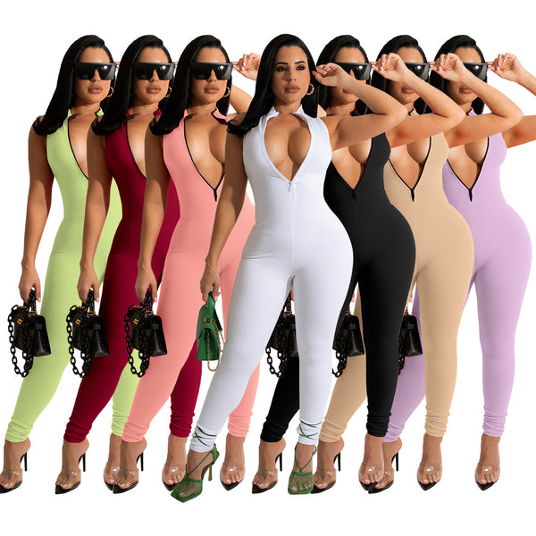 Women's Elastic Small Sunken Stripe Zipper Candy Jumpsuits