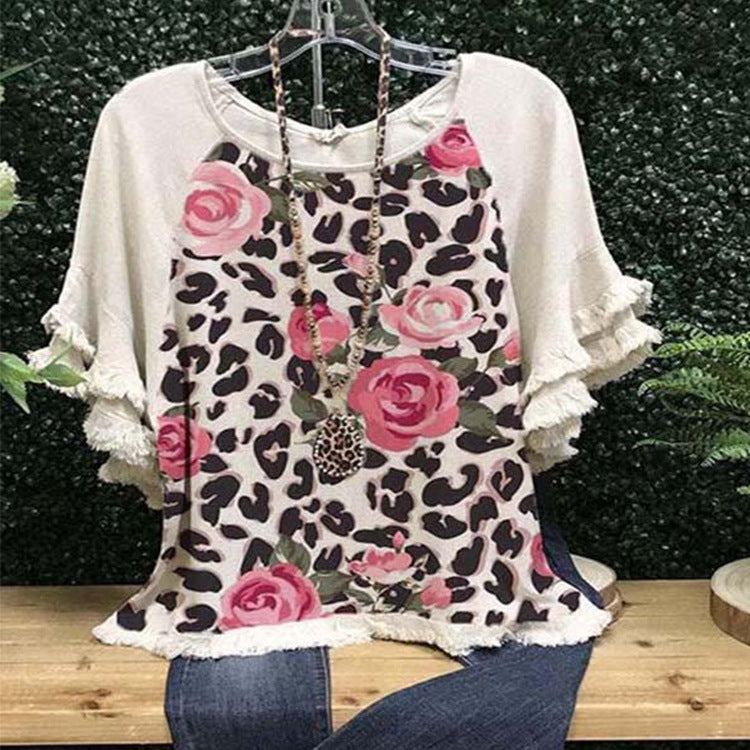 Women's Summer Floral Ruffle Sleeve Round Neck Multicolor Printing Loose Blouses