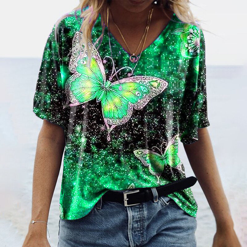Elegant Women's Stylish Sleeve Butterfly Print Tops