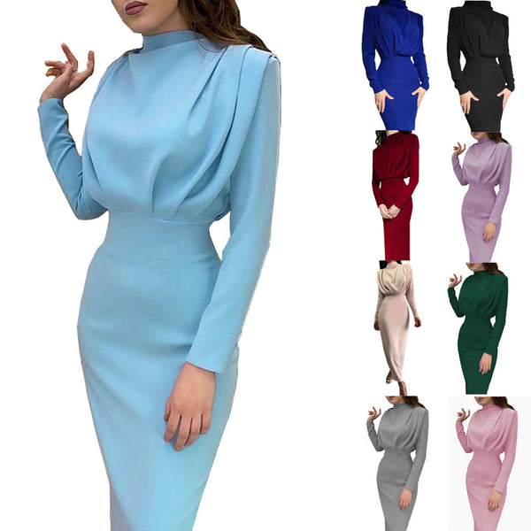 Fashion Temperament Waist-controlled Solid Color Long Sleeve Dresses