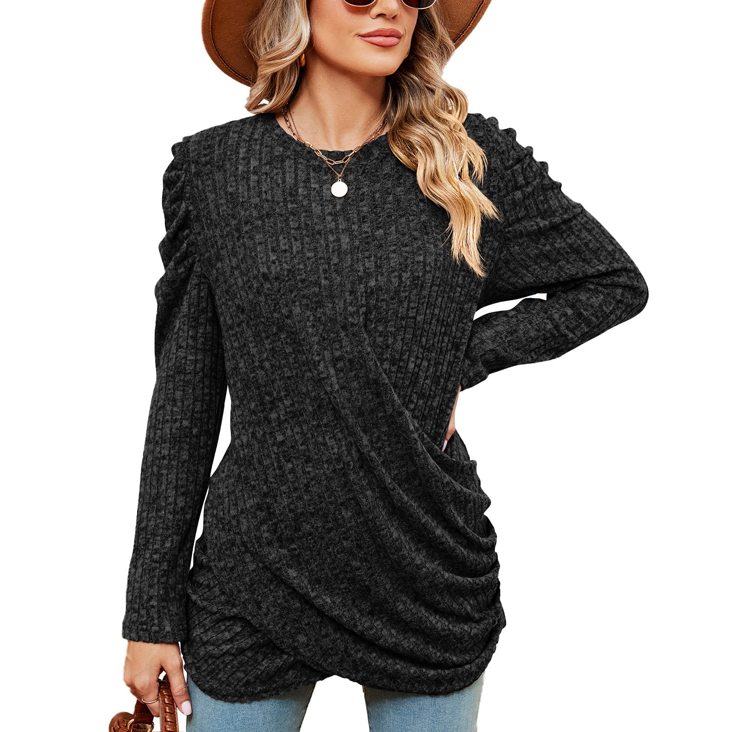 Women's Color Round Neck Twist Long Sleeve Blouses