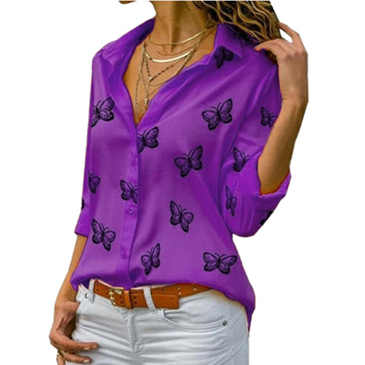 Women's Popular Butterfly Print Loose Lapels Shirt Blouses