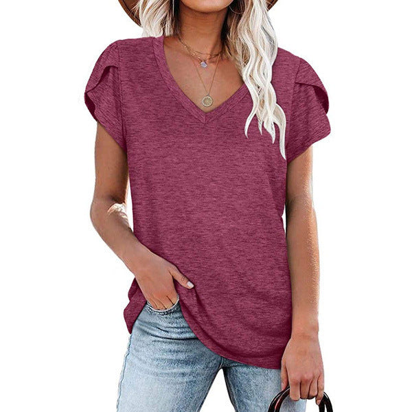 Women's Solid Color V-neck Sleeve T-shirt Blouses