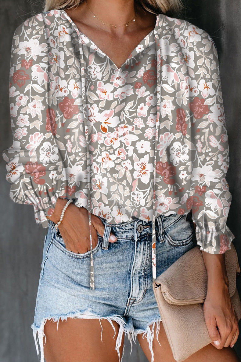 Women's Floral Print Shirt V-neck Long-sleeved Blouses