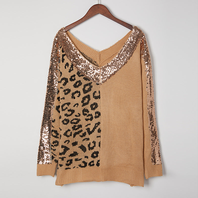 Women's Stitching Leopard Print Elegant Pullover Long Sweaters