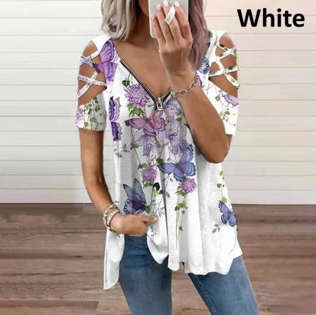 Women's Summer Printing Cross Sleeve Zipper V-neck Blouses