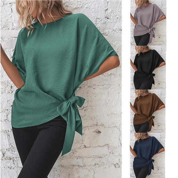 Women's Summer Solid Color Batwing Sleeve Knotted Blouses