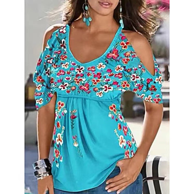 Women's Summer Loose V-neck Pleating Printed Off-shoulder Sleeve Blouses