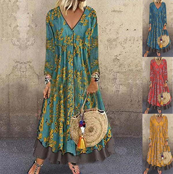 Women's V-neck 3/4 Sleeves Vintage Printed Fake Dresses