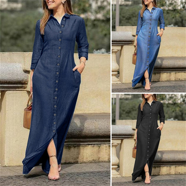 Classic Denim Collar Buttons Long Dress Dresses