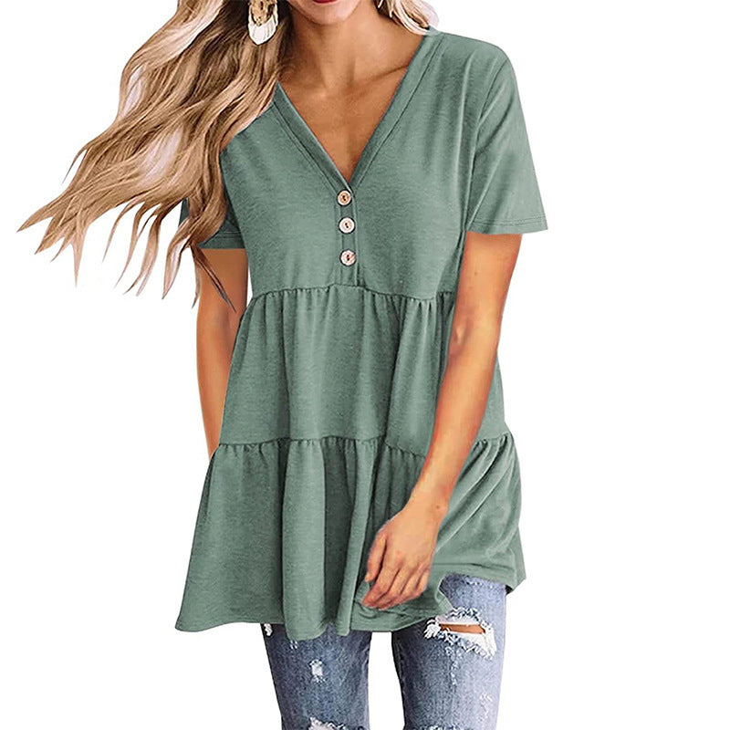 Women's V-neck Short-sleeved Pullover Solid Color Stitching Dresses