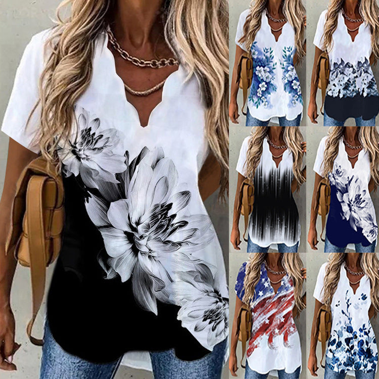 Women's Summer Temperament Wave Collar Printed Sleeve Blouses