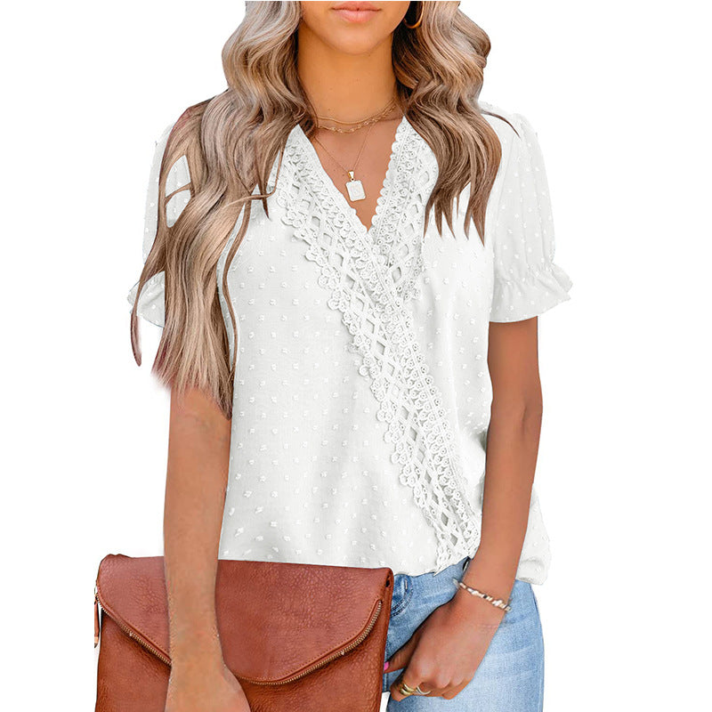 Women's Summer Chiffon Fur Lace V-neck Sleeve Blouses