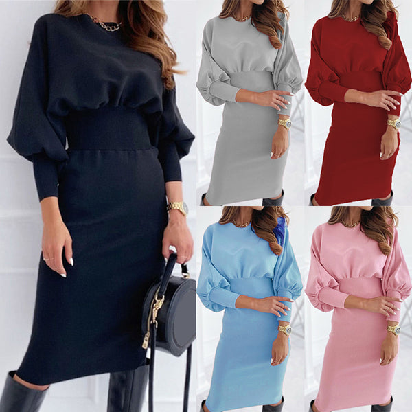 Autumn Casual Solid Color Round Neck Waist Trimming Dresses