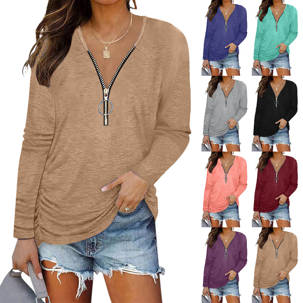 Women's Autumn Chest Zipper Pleating Casual Long Sleeve Blouses