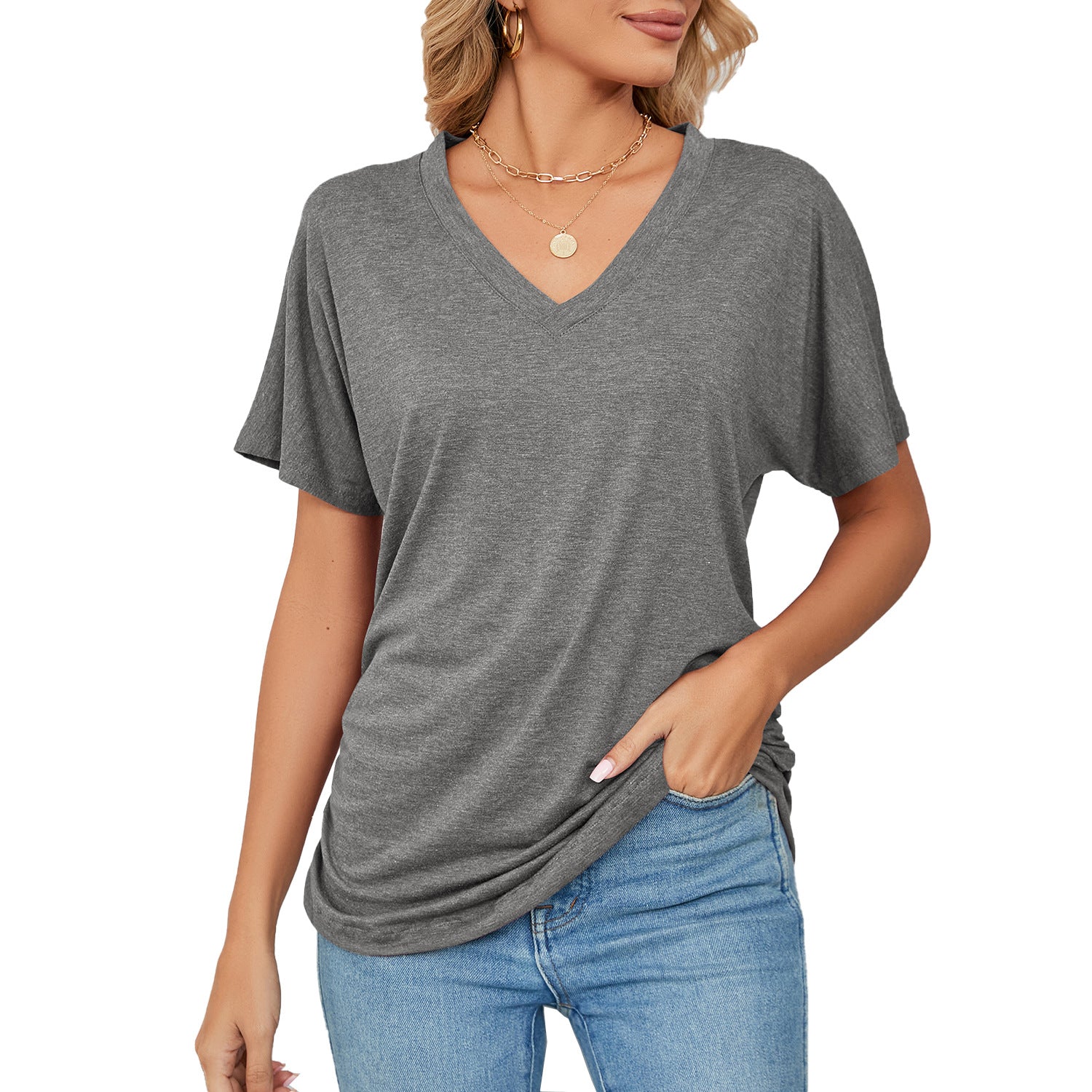Women's Summer Leisure Pullover V-neck Solid Color Blouses