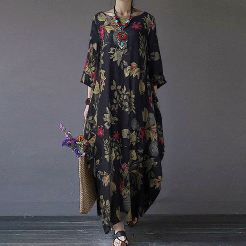 Women's Cotton Linen Printed Retro Pullover Loose Round Dresses