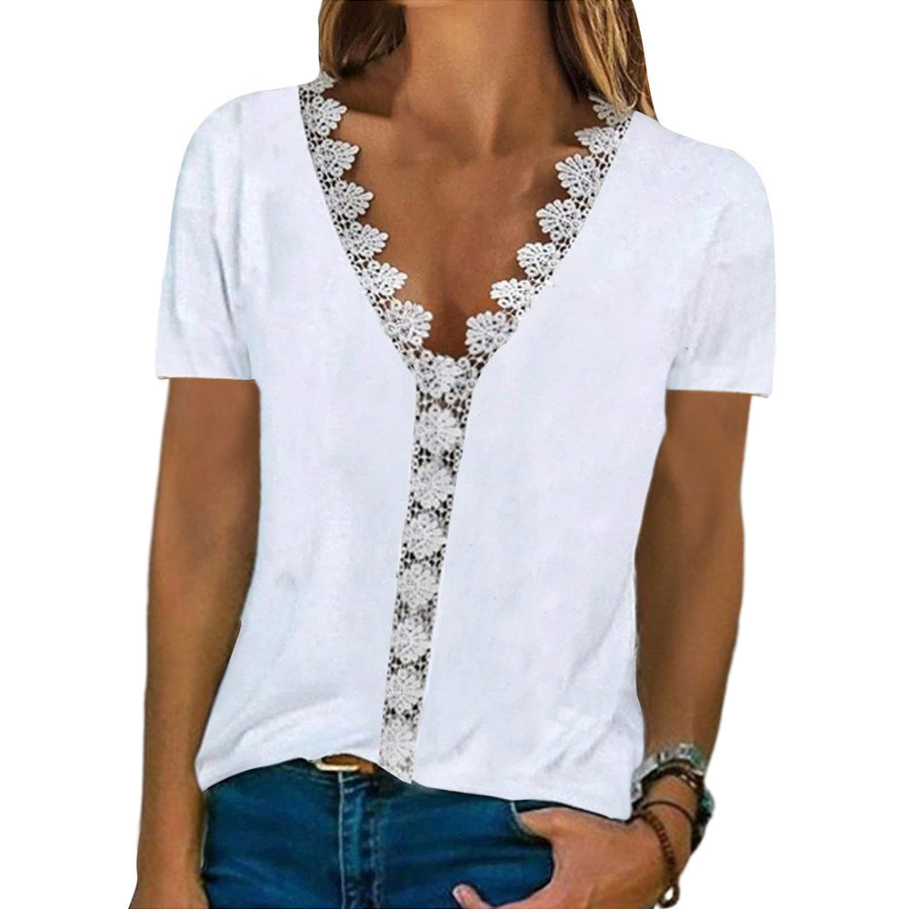 Women's Sleeve Comfort Casual Lace V-neck Printed Blouses
