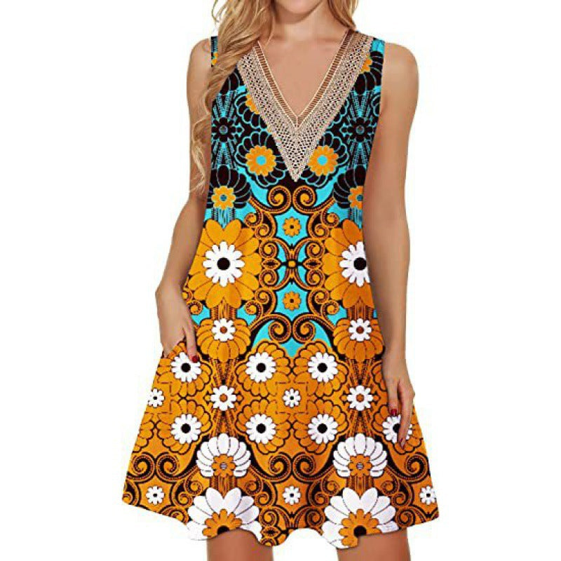 Women's Creative Summer Printing V-neck Pocket Dresses