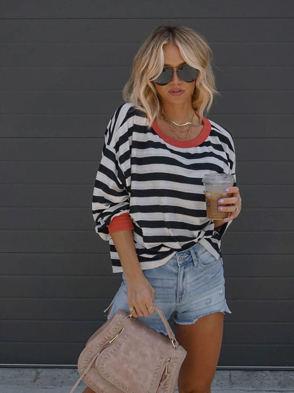 Long-sleeved Striped T-shirt Round Neck Loose Blouses