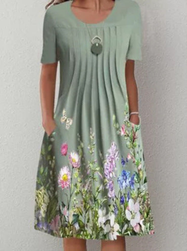 Women's Floral Print Round Neck Pocket Mid-length Dresses