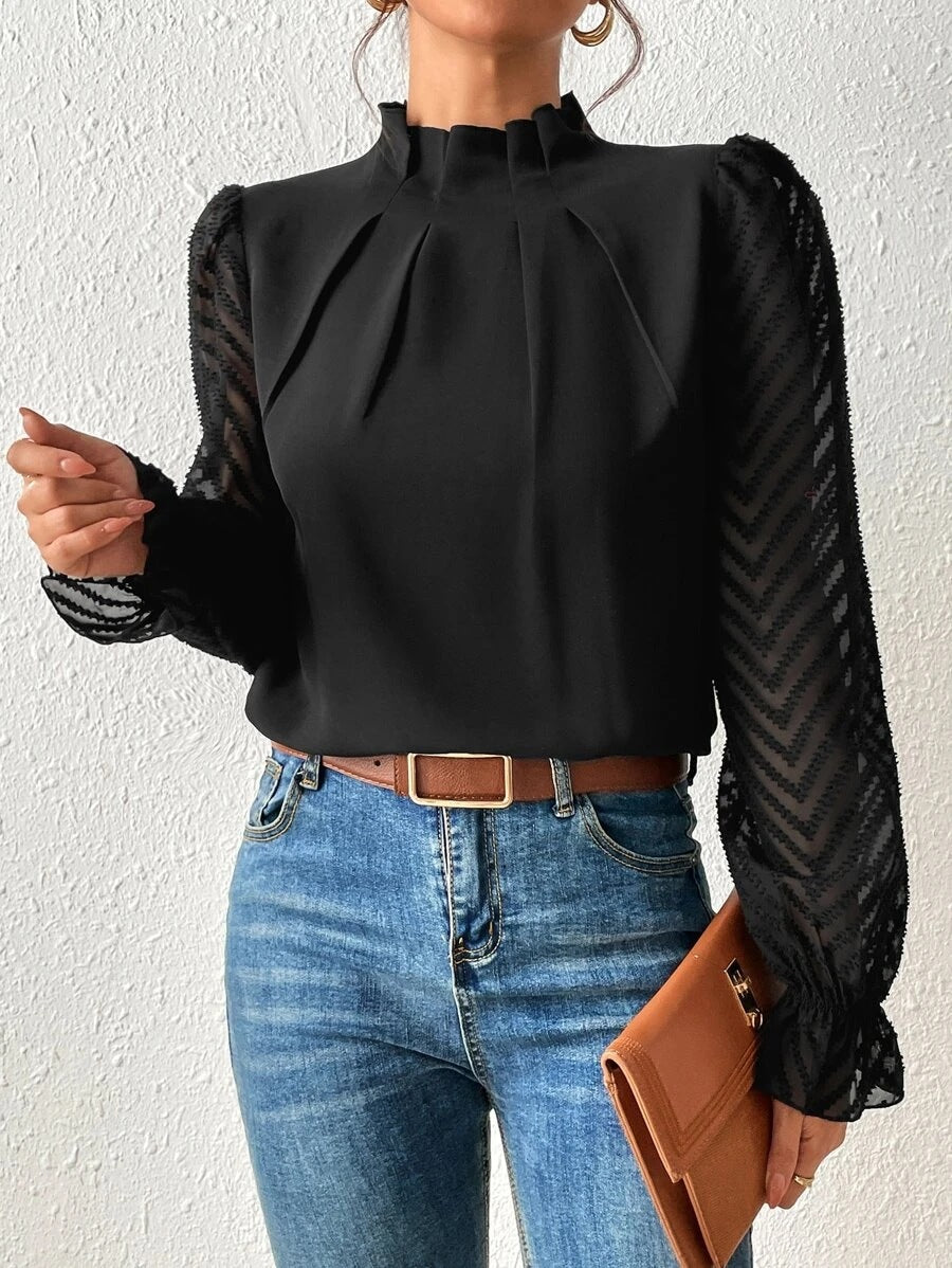 Women's Beautiful Stitching Wavy Chiffon Long-sleeved Tops