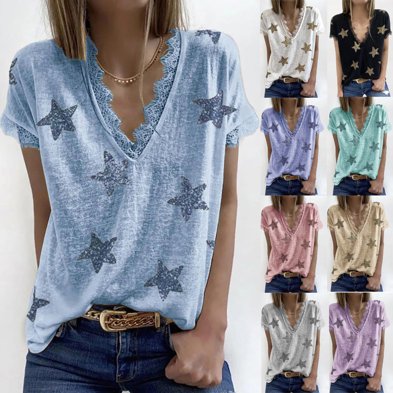 Women's Summer V-neck Printed Lace T-shirt Blouses