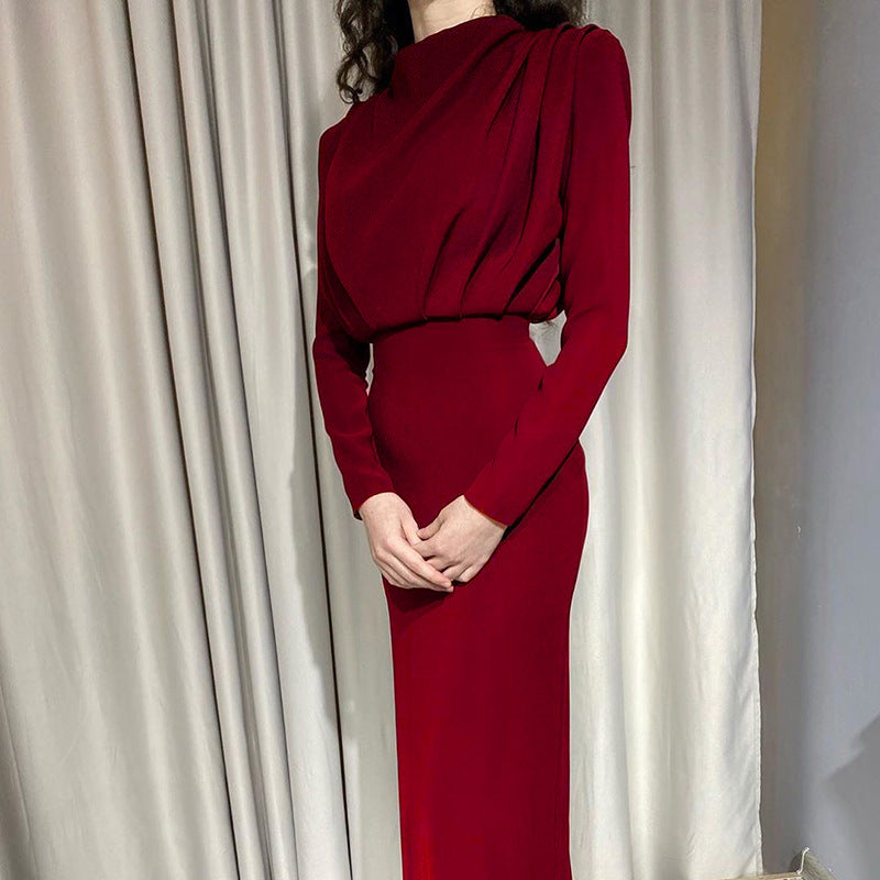 Fashion Temperament Waist-controlled Solid Color Long Sleeve Dresses