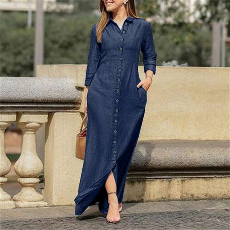 Robe longue classique en denim avec boutons et col