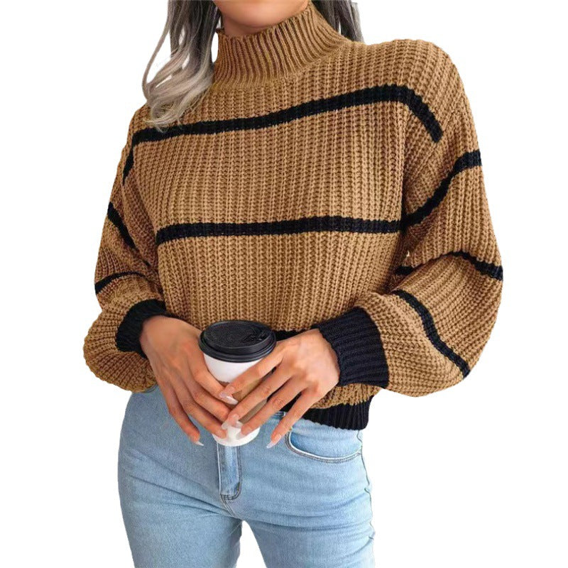 Women's Striped Lantern Sleeve Half Turtleneck Knitted Sweaters