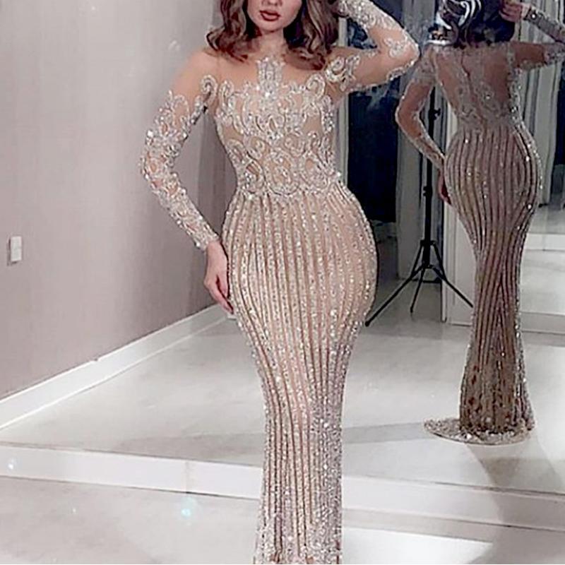 Spring Long Mid-waist Temperament Commute Sequined Solid Color Dresses