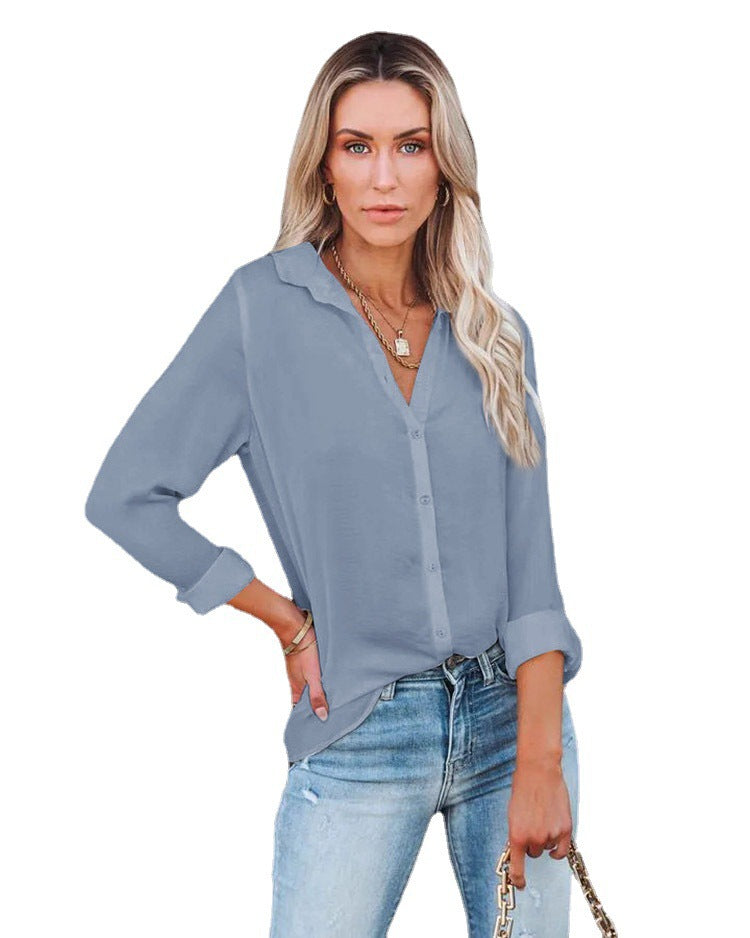 Women's Casual Loose Long Sleeve Button V-neck Blouses