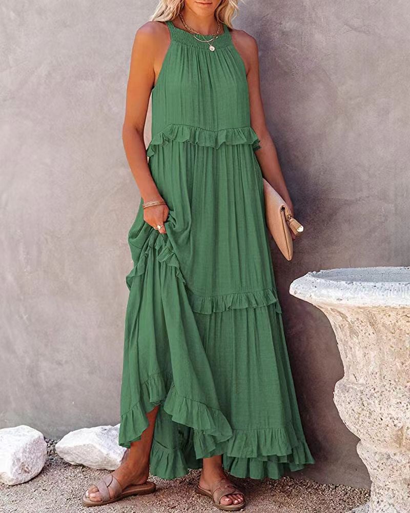 Damen-Sommer-Kleid mit unregelmäßigem Kuchen, ärmellos, lang, für den Urlaub