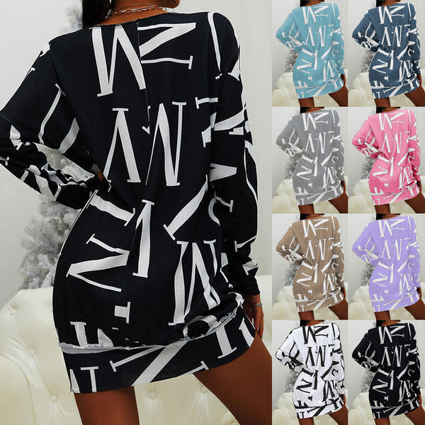 Women's Long-sleeved Letter Print Neck Casual Loose Dresses