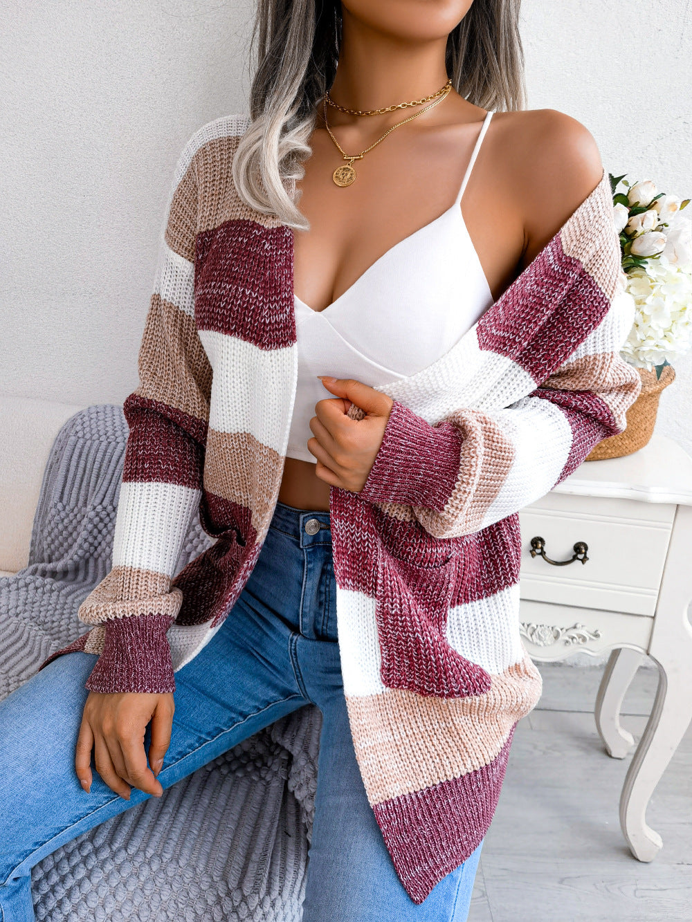 Women's Color Striped Lantern Sleeve Casual Sweaters