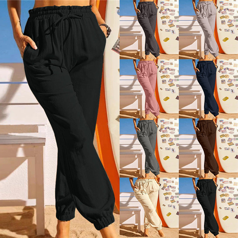 Women's Cotton Lotus Leaf Ankle Elasticated Slacks Pants
