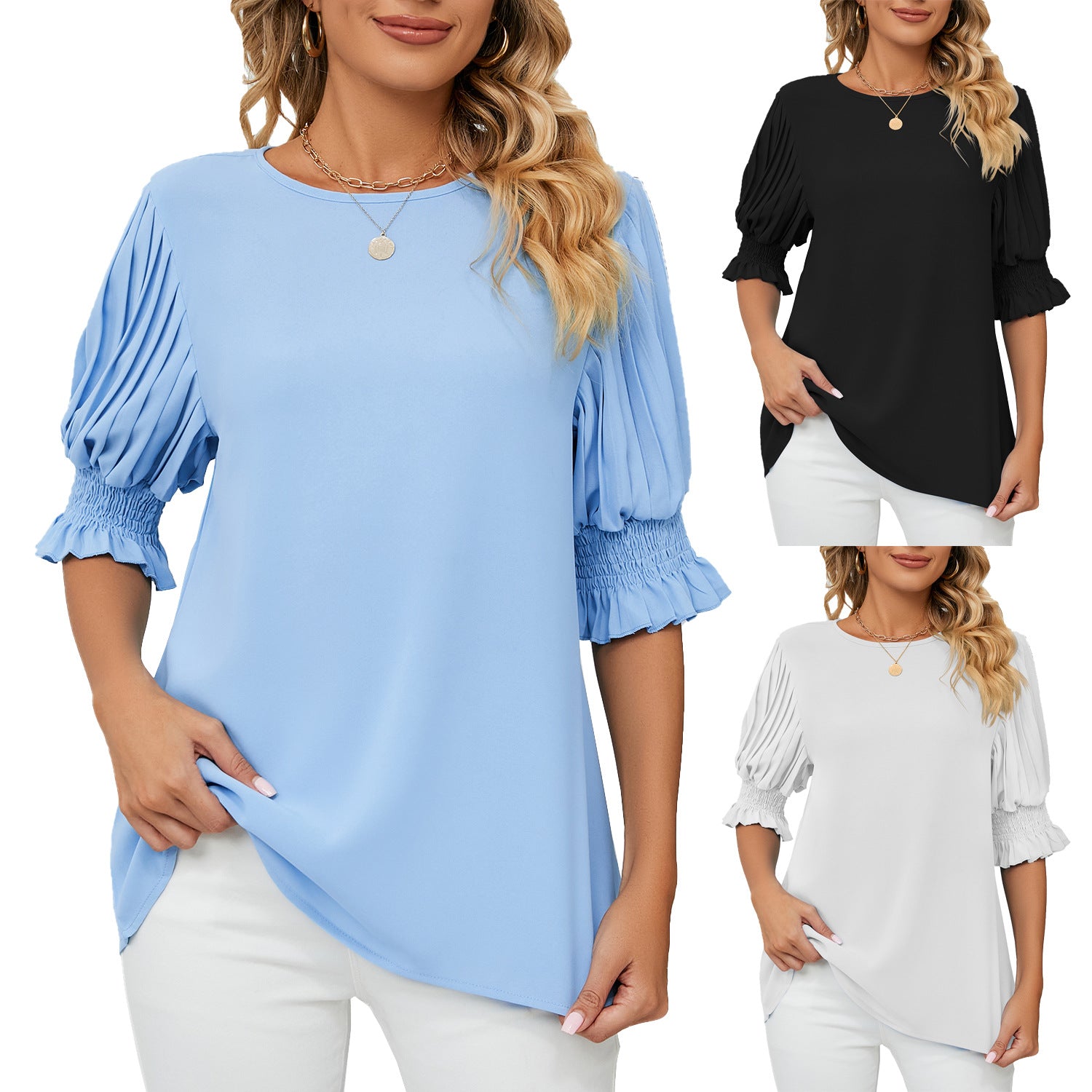 Women's Solid Color Round Neck Ruffled Princess Blouses