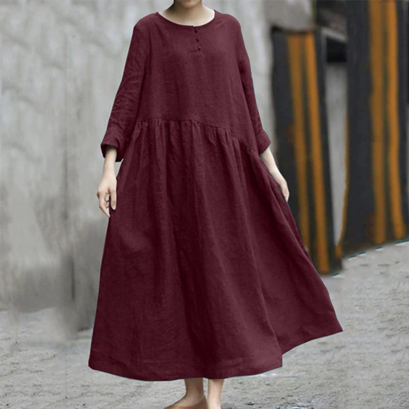 Solid Color Cotton Linen Irregular Patchwork Round Neck Pocket Long Dresses