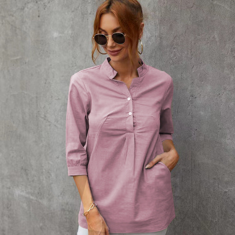 Women's Three-quarter Length Sleeve Stand Collar Cotton And Linen Leisure Blouses