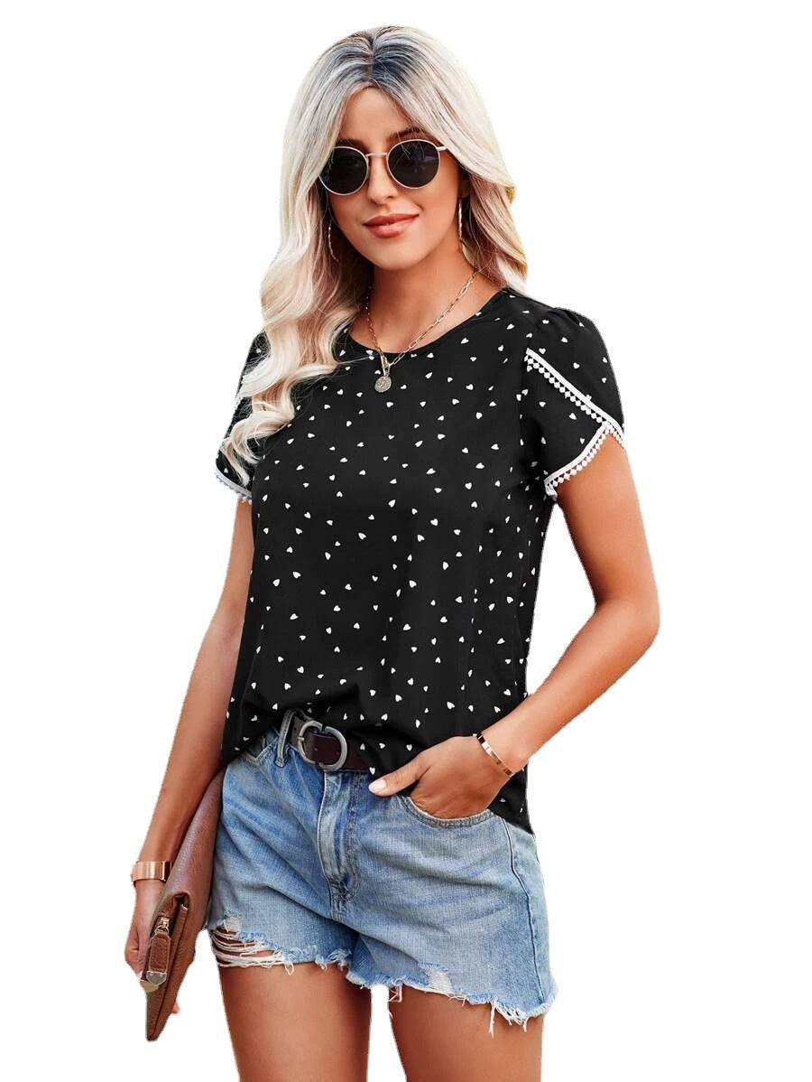 Women's Casual Round Neck Summer Loose Shirt Dotted Prints Lace Shorts