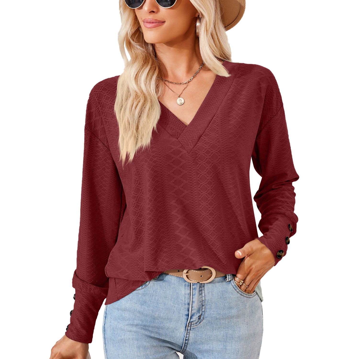 Women's Solid Color And Jacquard Button Loose-fitting Blouses